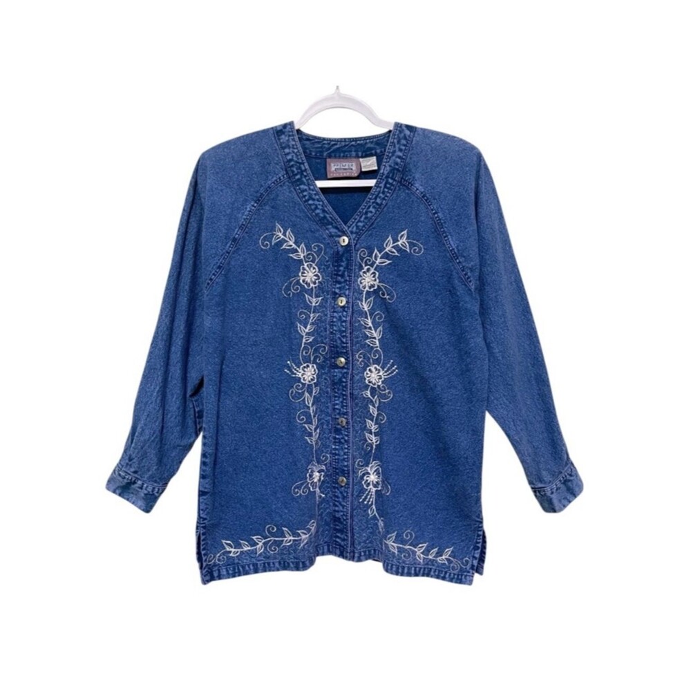 Vintage Premier International Embroidered Beaded Denim Shirt 100% Cotton Size M